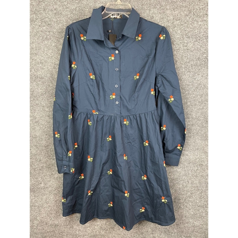 Allegra K Floral Embroidered Shirt Dress Womens Navy Blue NWT Fit & Flare